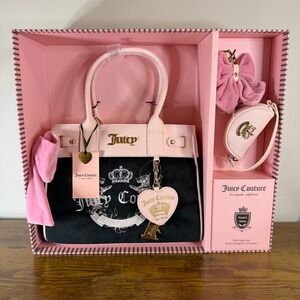 New Juicy Couture Heritage Black Pink Daydreamer Tote Handbag Bow Charms Terrier